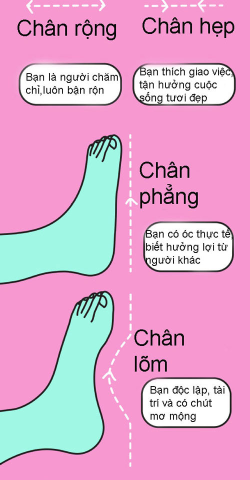 Người chân rộng là người chăm chỉ, luôn bận rộn. Người chân hẹp là người thích giao việc cho người khác, tận hưởng cuộc sống tươi đẹp. Người chân phẳng có đầu óc thực tế, biết hưởng lợi từ người khác. Người chân lõm là người độc lập, tài trí và có chút mơ mộng.