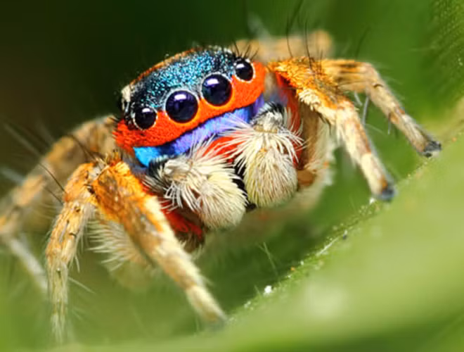 Màu sắc trên thân của nhện rực rỡ, được ví như bộ lông chim công. Mặt khác, nhện công còn được biết đến với những “điệu múa mặt trời” ấn tượng mà chúng thể hiện khi muốn thu hút sự chú ý của bạn tình.