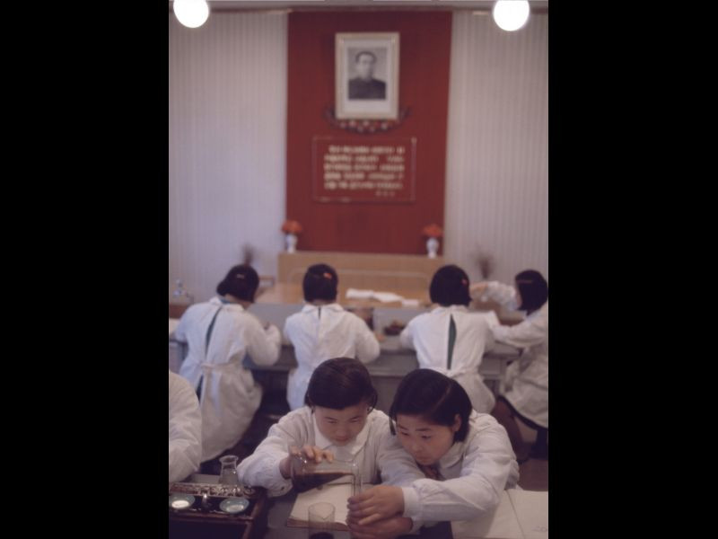 Các nữ sinh trong giờ thực hành môn hóa học.