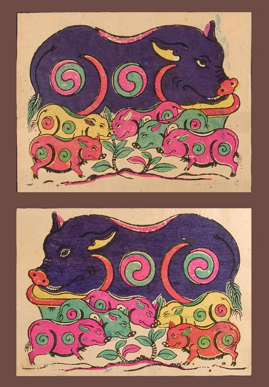 Hai phiên bản phổ biến của tranh "Lợn đàn" hay "Đàn lợn âm dương".