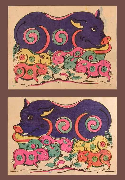 Hai phiên bản phổ biến của tranh "Lợn đàn" hay "Đàn lợn âm dương".