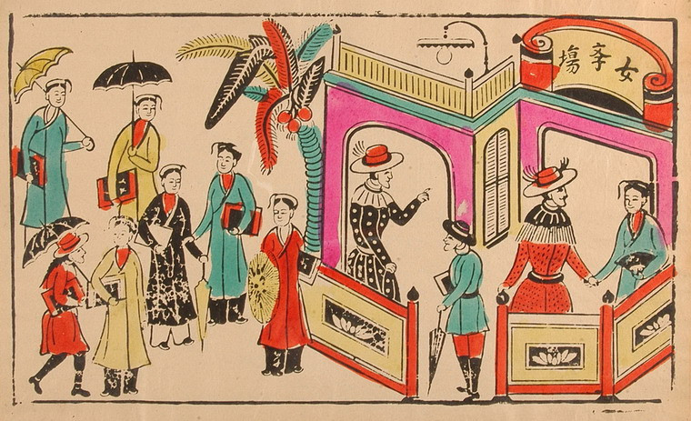 "Nữ học trường", một bức tranh Đông Hồ lý thú mô tả trường nữ sinh ở Hà Nội thời thuộc địa.