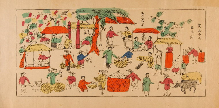 Cảnh chợ làng trên tranh Đông Hồ.