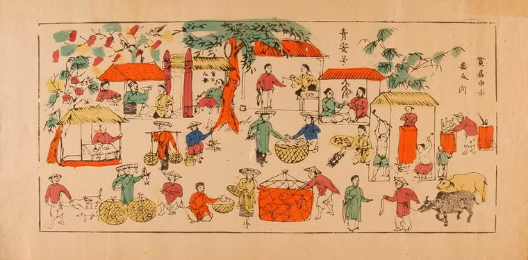 Cảnh chợ làng trên tranh Đông Hồ.