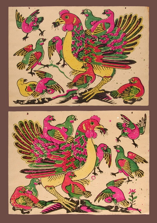 Hai phiên bản phổ biến của tranh "Đàn gà mẹ con".