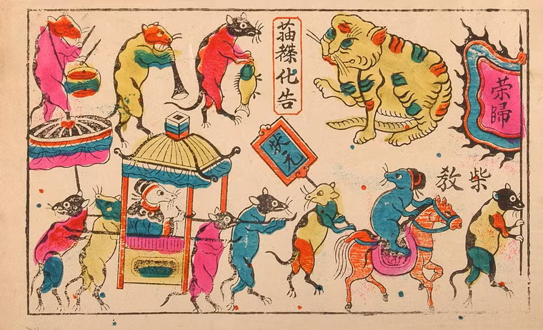 Tranh "Đám cưới chuột", một trong những bức tranh Đông Hồ nổi tiếng nhất. Bức tranh mô tả cảnh họ hàng nhà chuột dâng lễ cho mèo để đám cưới chuột diễn ra an bình.