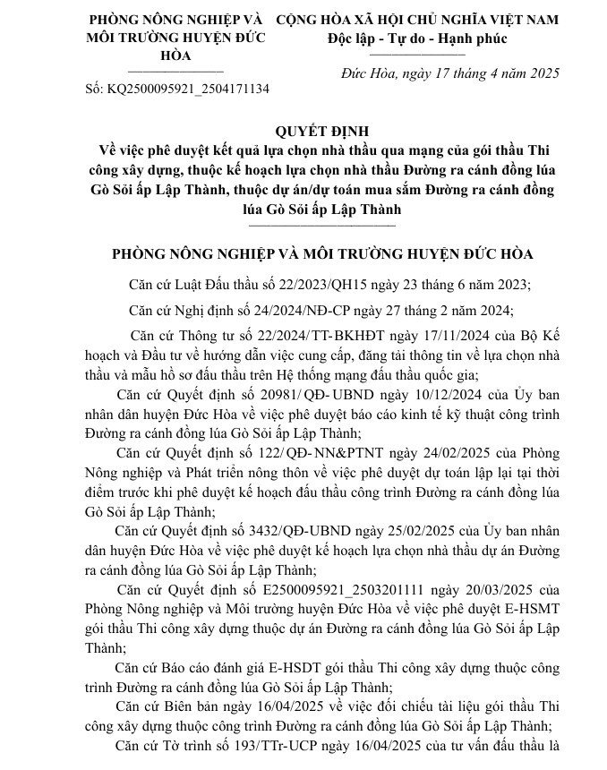 1 ngay, Cty Ngoc Diep Long An trung 2 goi thau tai huyen Duc Hoa