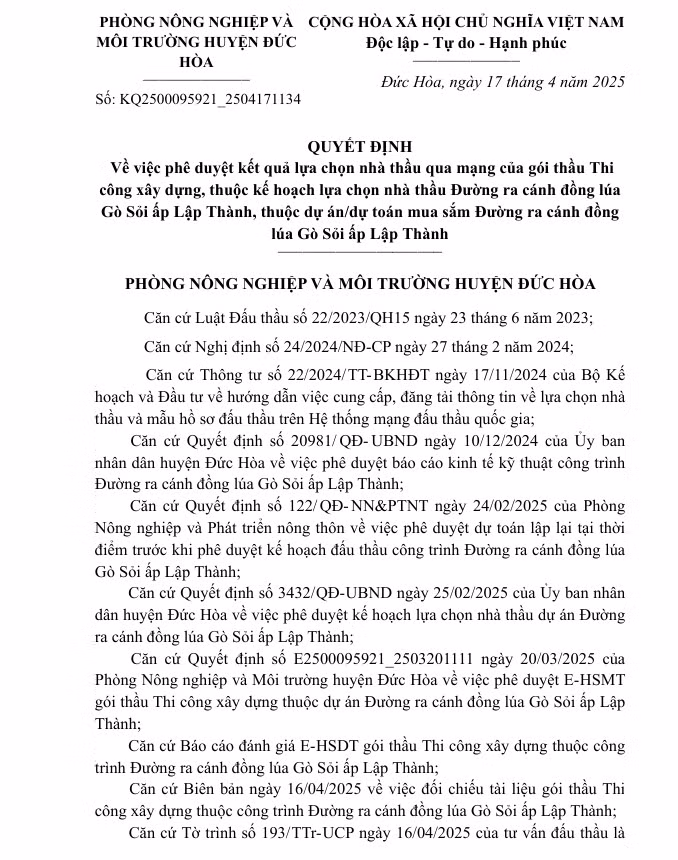 1 ngay, Cty Ngoc Diep Long An trung 2 goi thau tai huyen Duc Hoa