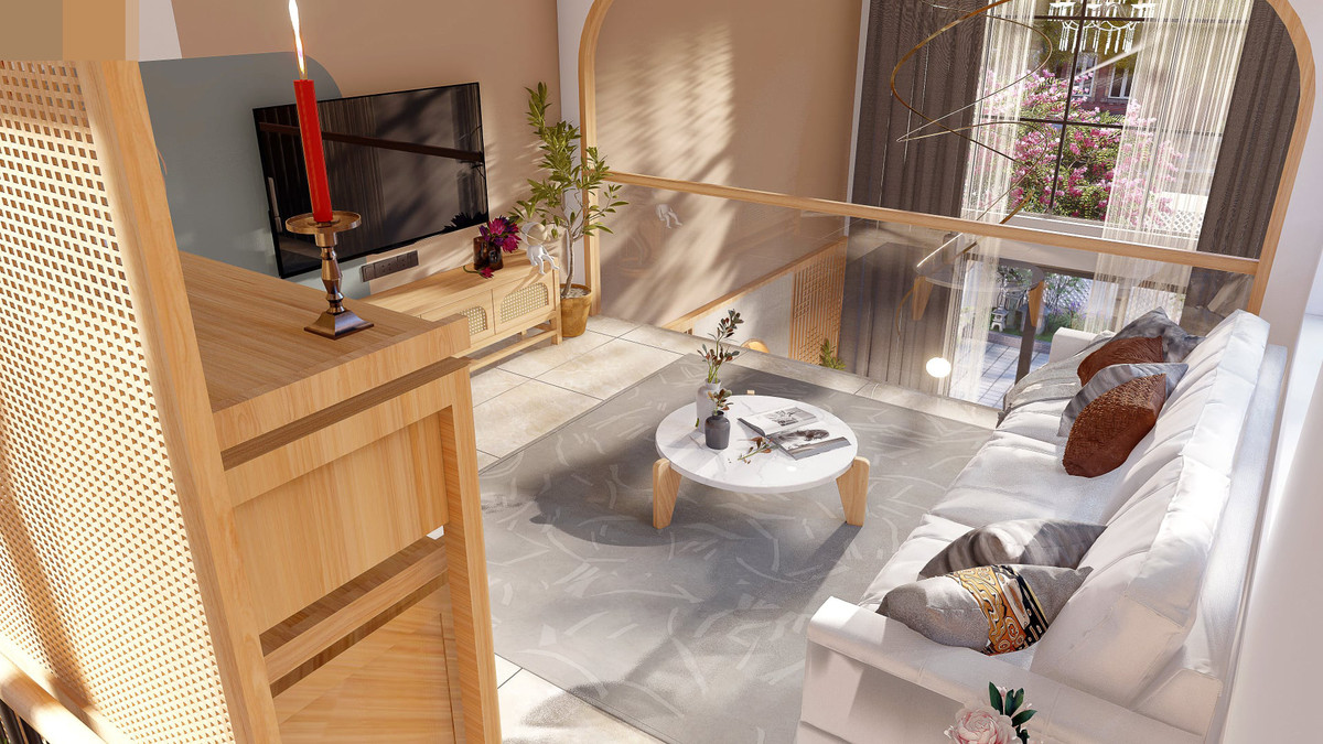 Đây là không gian tiếp giáp với khoảng thông tầng, được dùng làm nơi thờ và đặt bộ sofa xem phim.