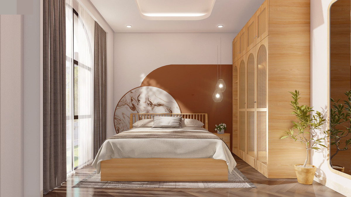 Phòng ngủ hiện đại đan xen chút cổ điển với đầu giường lam gỗ và bức tranh lạ mắt. "Một căn nhà có nắng, gió và sự bình yên sẽ là không gian sống tuyệt vời cho gia chủ", anh Hiển nhấn mạnh.