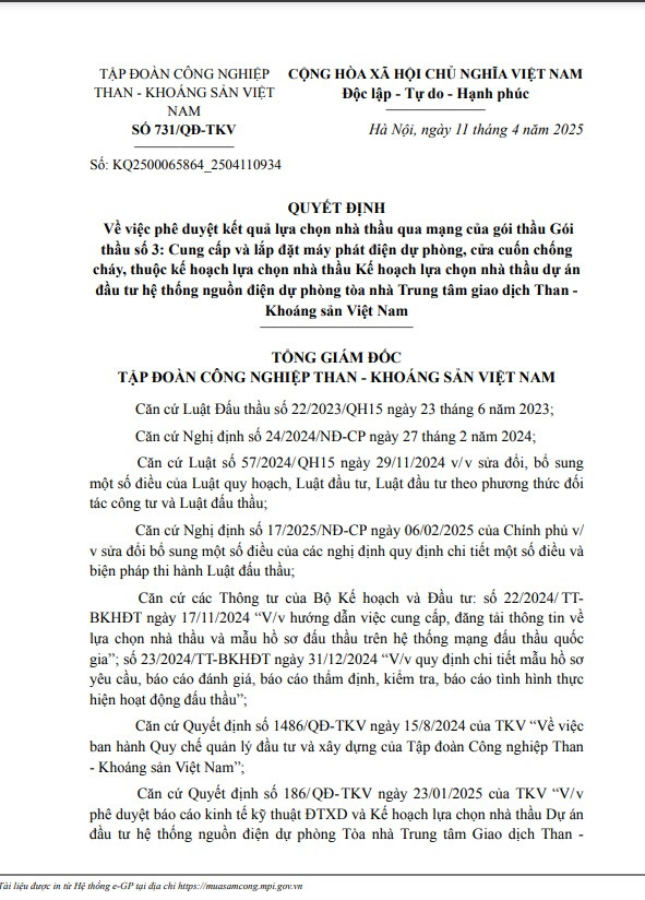 Liên danh 2 thành viên trúng gói cung cấp lắp đặt máy phát điện dự phòng cho TKV Lien danh 2 thanh vien trung goi cung cap lap dat may phat dien du phong cho TKV