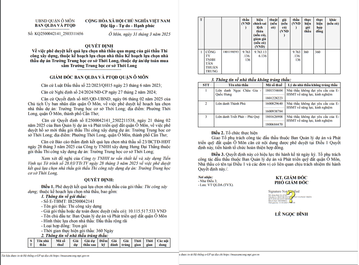 Can Tho: Loai 3 doi thu, Tan Thuan Trung trung goi thau xay dung truong Thoi Long