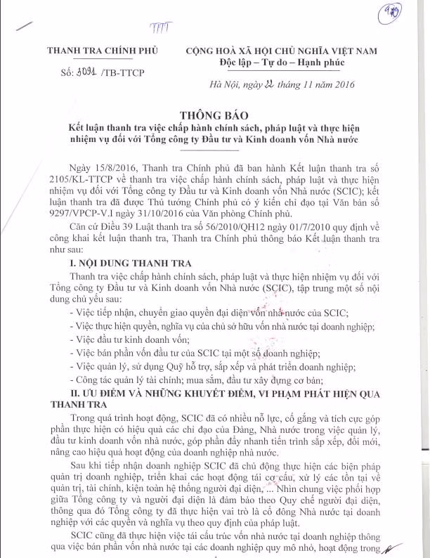 Thông báo kết luận thanh tra của Thanh tra Chính phủ chỉ ra nhiều vi phạm tại SCIC.