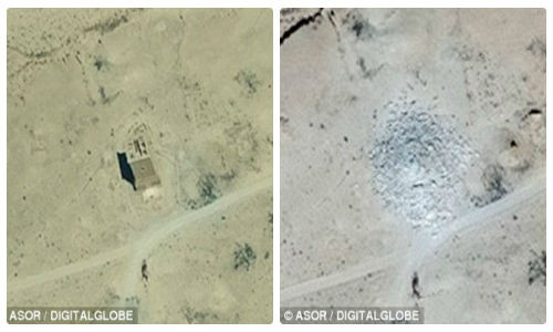Những hình ảnh vệ tinh ghi lại cho thấy, các ngôi mộ tháp đã bị IS xóa sổ (phải).