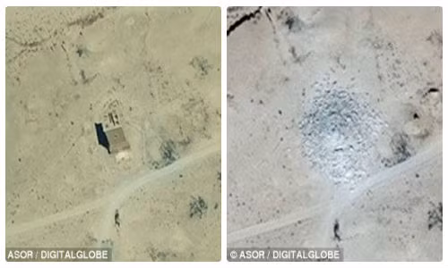 Những hình ảnh vệ tinh ghi lại cho thấy, các ngôi mộ tháp đã bị IS xóa sổ (phải).