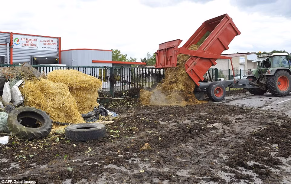 ... và đổ rác thải, phân bón xuống đường cao tốc ở tỉnh Moselle, miền Đông nước Pháp.