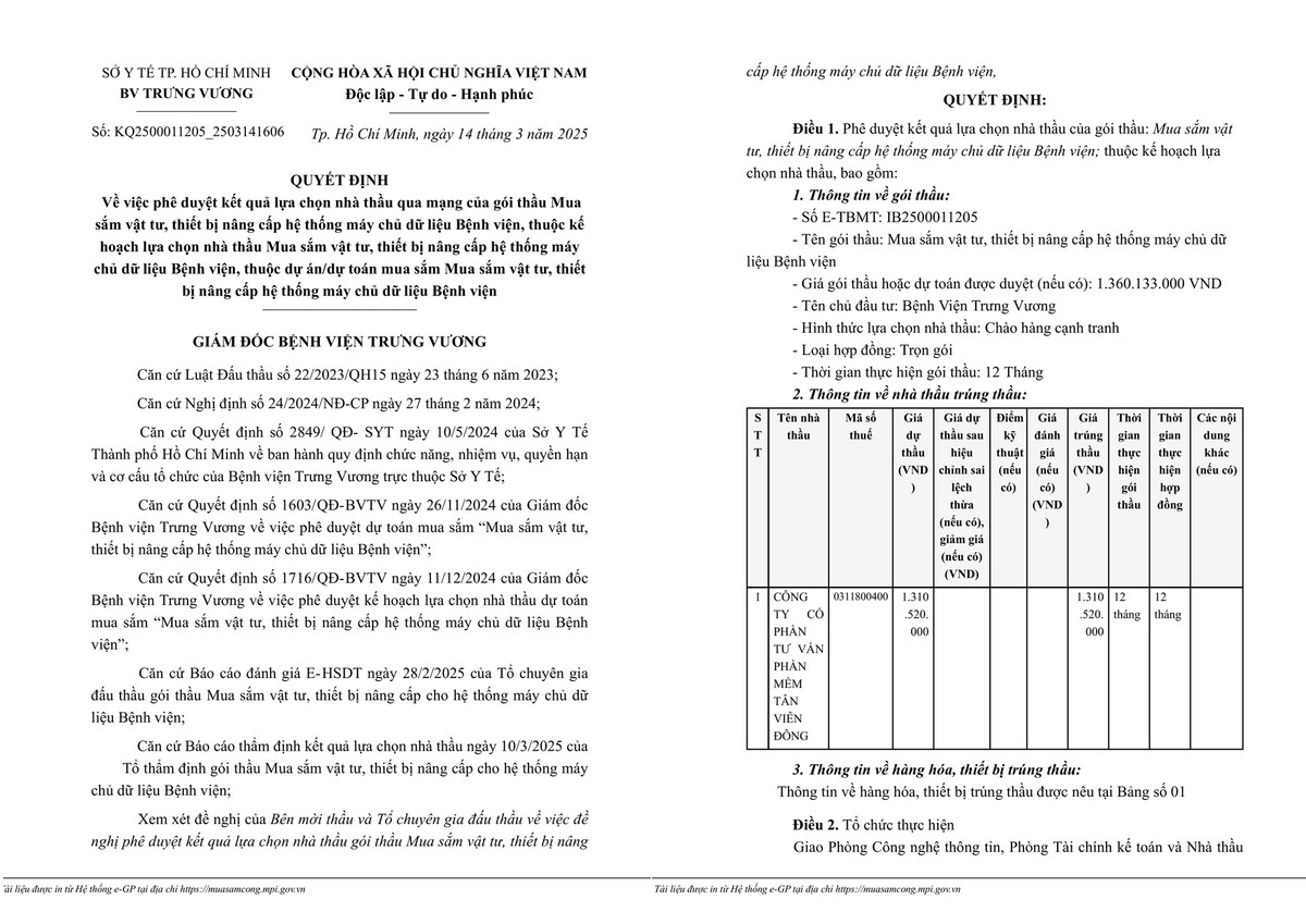 TP HCM: Nang luc nha thau trung goi nang cap may chu BV Trung Vuong