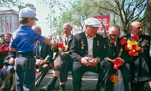 Bé trai tặng những bông hoa tươi thắm cho các cựu chiến binh.