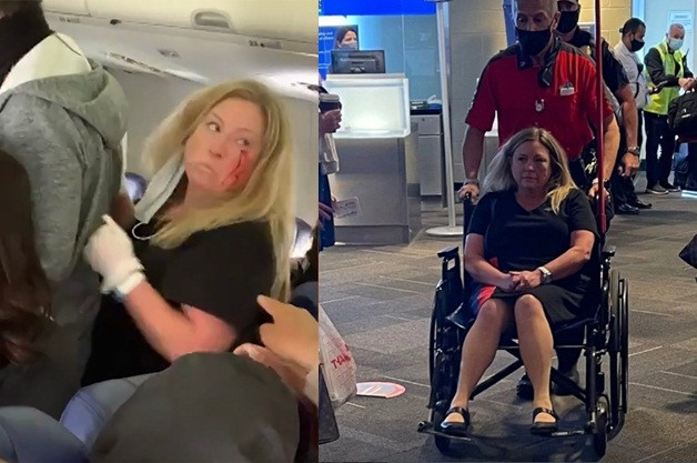 Nhac khach deo khau trang, nu tiep vien hang khong bi danh sut rang