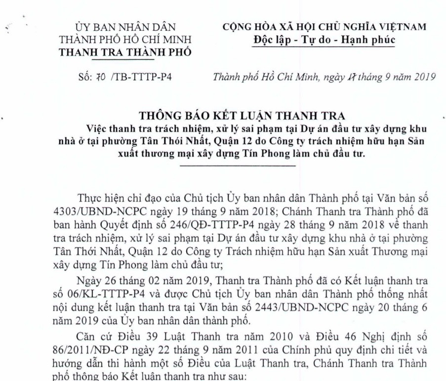 Hàng loạt sai phạm tại dự án nhà của Công ty Tín Phong: Thanh tra TP HCM đề nghị xử lý thế nào? Hang loat sai pham tai du an nha cua Cong ty Tin Phong: Thanh tra TP HCM de nghi xu ly the nao?