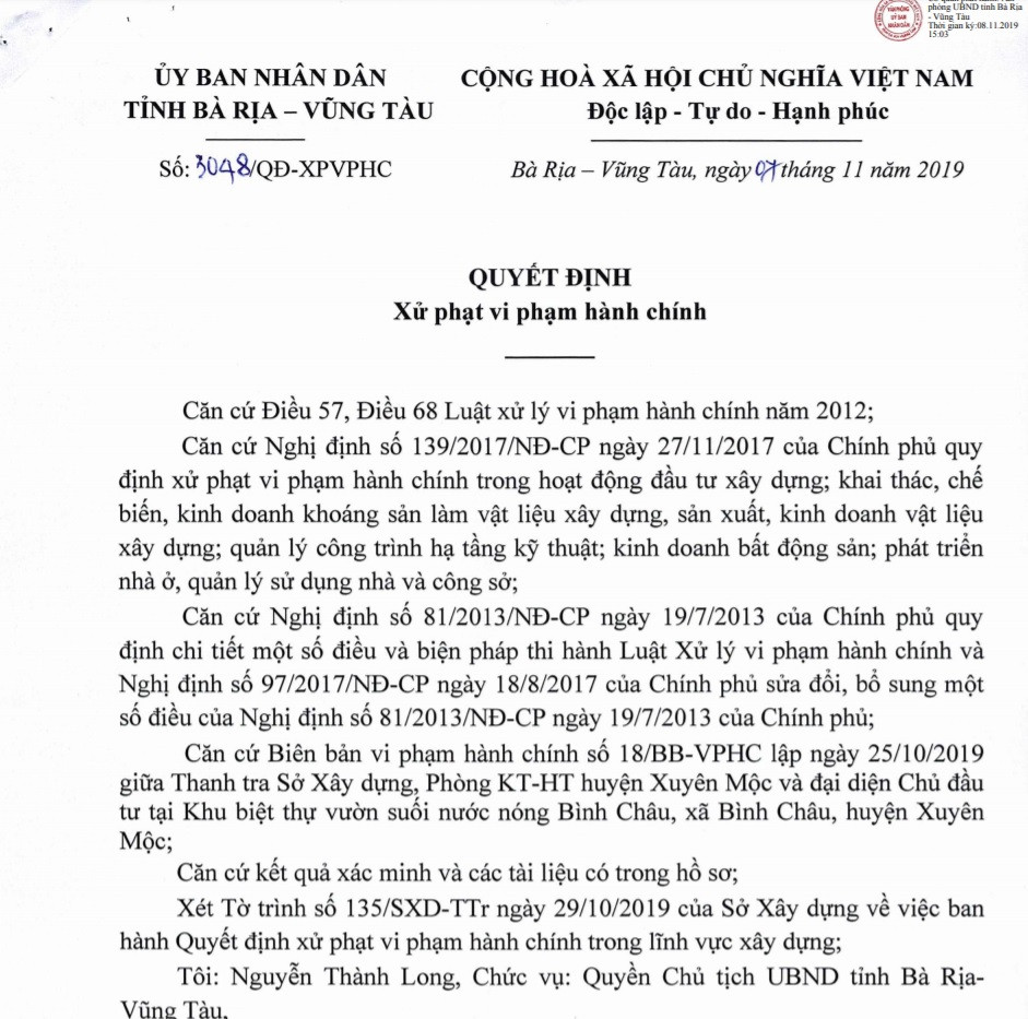 Cty Kim To bi phat gan 1 ty dong vi xay dung trai phep tai du an Binh Chau Green Garden Villa