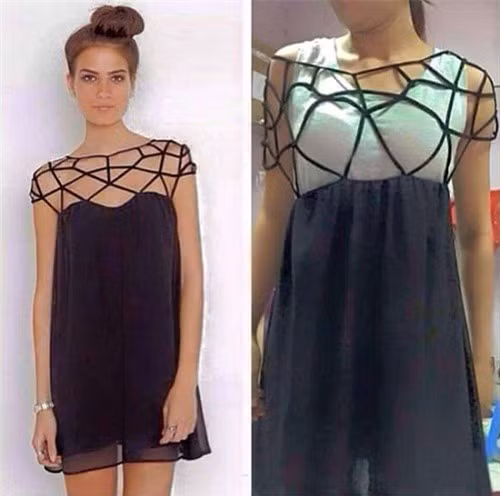 Bức ảnh mẫu mặc váy body ôm dáng, tôn đường cong sắc nét khiến chị em mạnh tay “quẹt thẻ”. Nhưng khi hàng về thì thiết kế hoàn toàn khác hẳn. Điểm 10 cho sự dũng cảm nếu ai dám mặc ra đường!