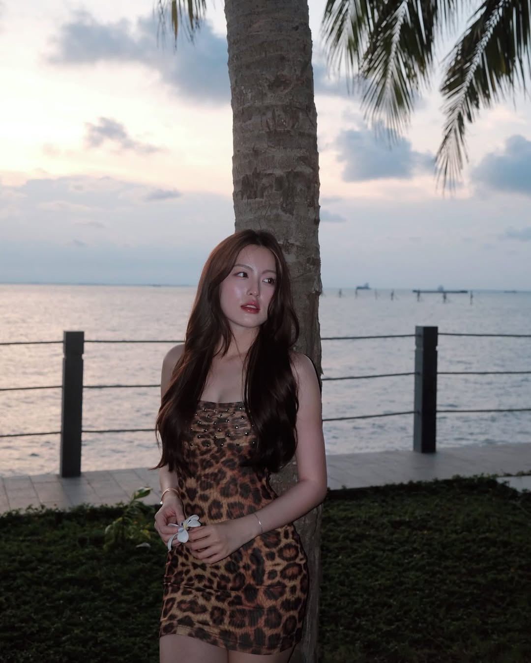 Trước đó, trong bộ ảnh ở góc máy tương tự, cô nàng lại hóa thân thành giao diện "gái hư" đầy ấn tượng với thiết kế váy ôm sát hai dây họa tiết da beo.