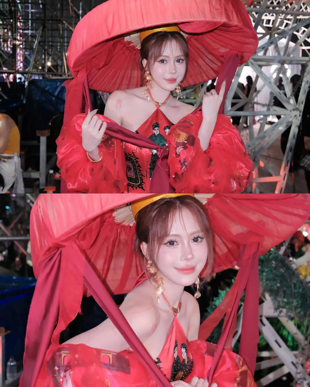 Cô nàng diện thiết kế độc đáo trong Bộ sưu tập “Chị Hai xúng xính”, tôn vinh những giá trị văn hóa truyền thống của vùng Kinh Bắc thông qua lăng kính thời trang hiện đại.