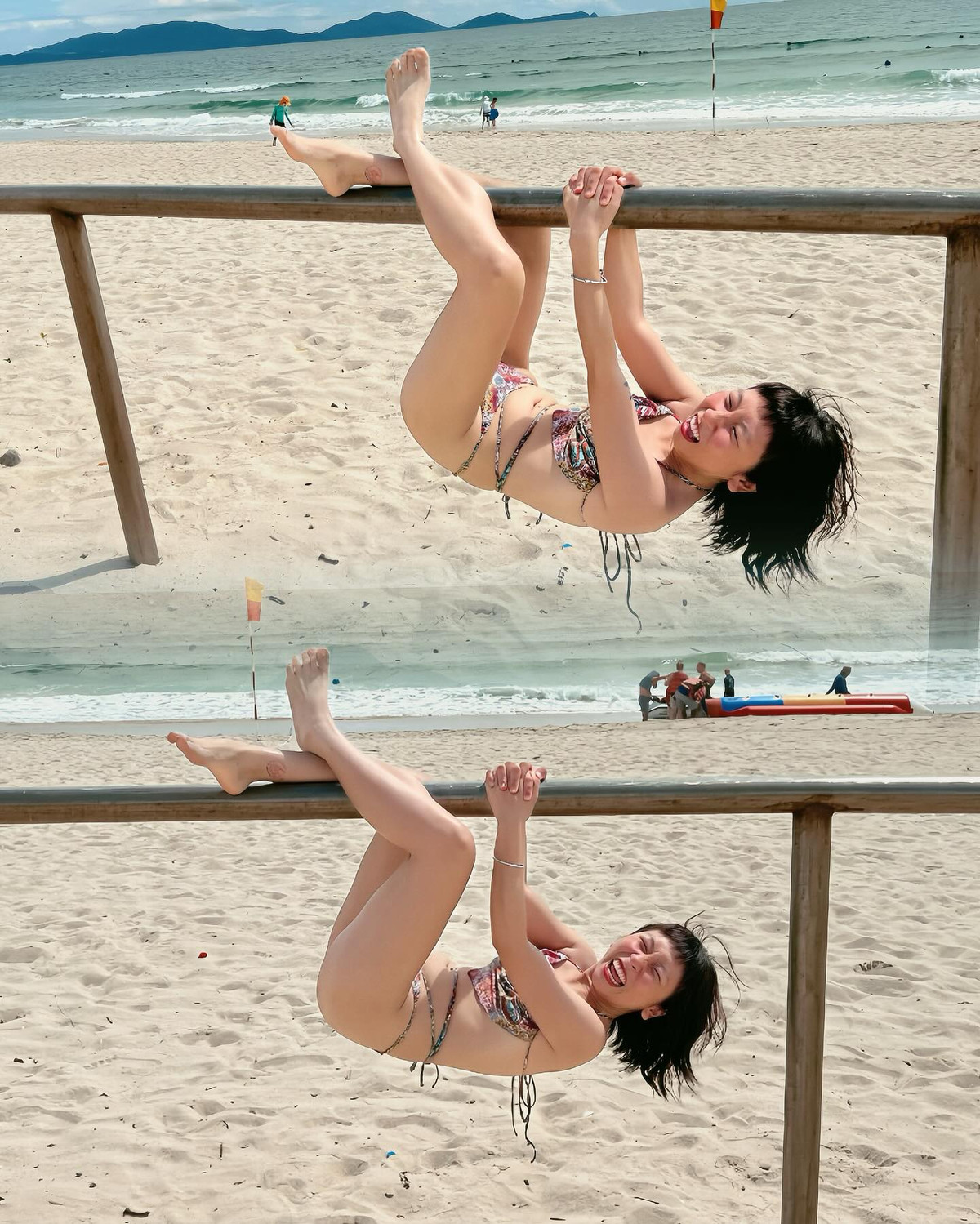 Một khoảnh khắc khác cô nàng lại hóa “nữ thần vui vẻ” đu xà cười thả ga khiến người hâm mộ không khỏi bật cười vì quá dễ thương và gần gũi.