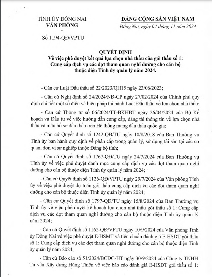 Đồng Nai: Gói thầu hơn 1,6 tỷ đưa cán bộ đi du lịch đã có chủ Dong Nai: Goi thau hon 1,6 ty dua can bo di du lich da co chu