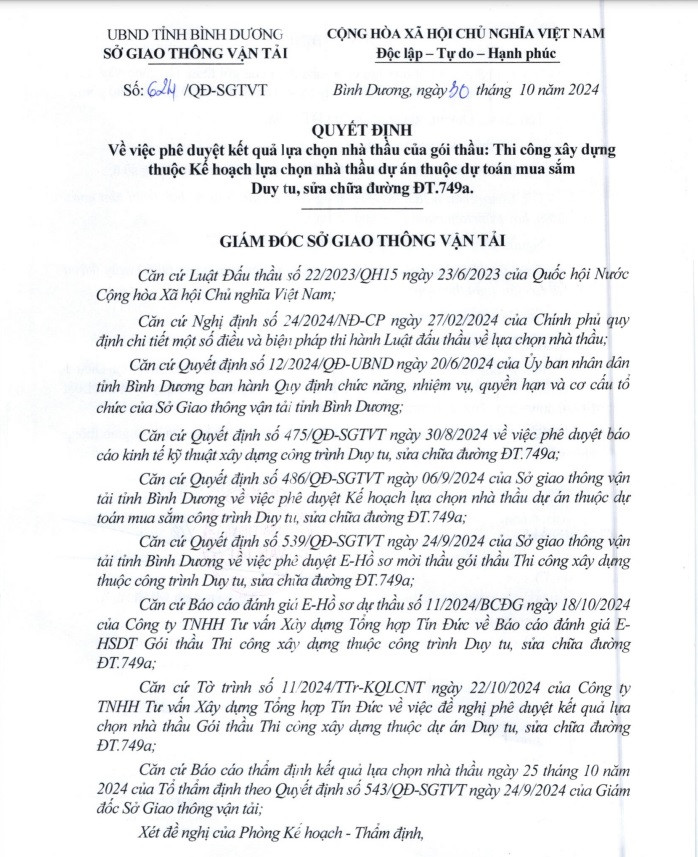 Vi sao Cau duong Phuc Thinh truot goi thau gan 7 ty cua So GTVT Binh Duong?