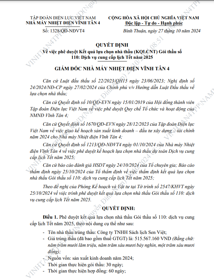 Nhiet dien Vinh Tan 4 chi hon 500 trieu in lich Tet