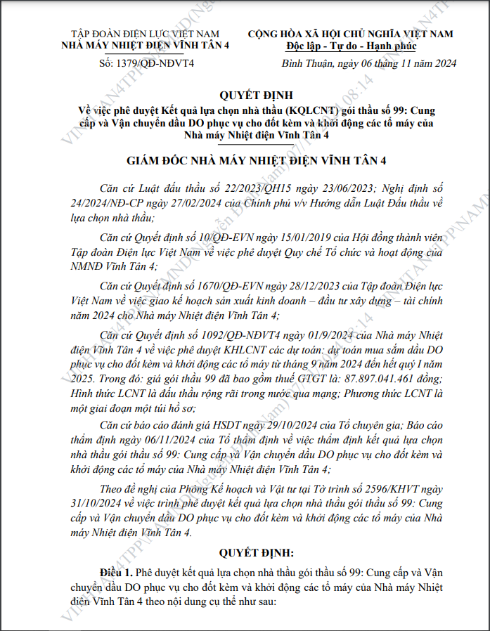 Nhiet dien Vinh Tan 4: Goi cung cap, van chuyen dau DO gan 88 ty da co chu