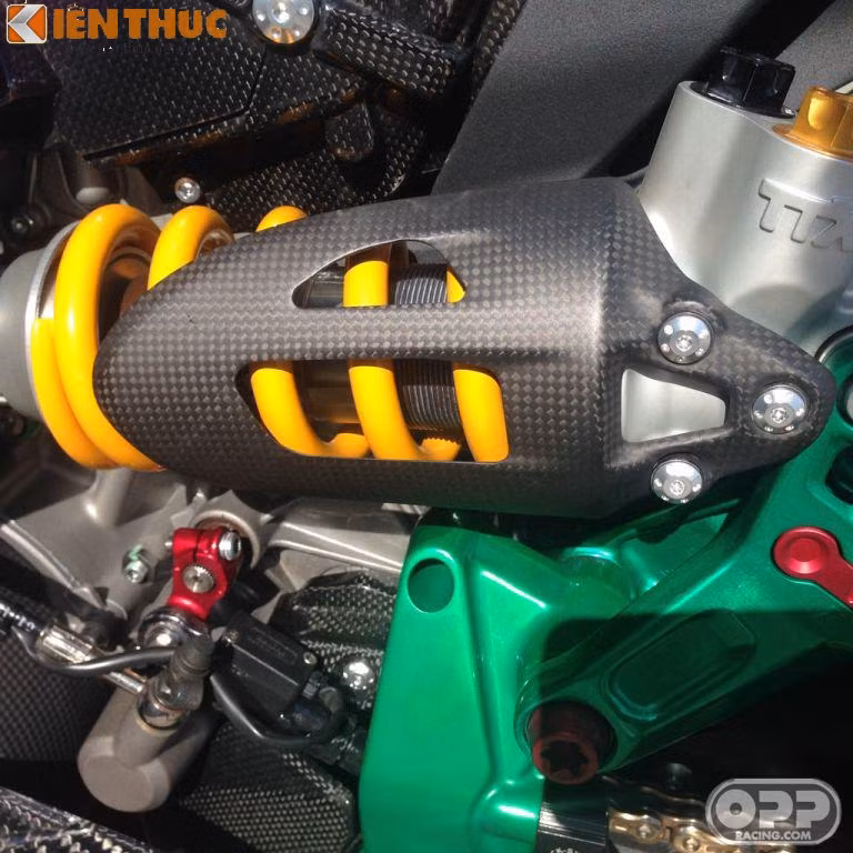 Phuộc sau Ohlins TTX36 với ốp phuộc carbon đầy thể thao.
