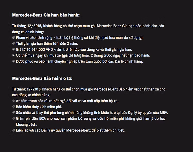Bên cạnh việc tăng giá, Mercedes-Benz Việt Nam cũng công bố chi tiết gói gia hạn bảo hành và bảo hiểm ôtô mới của hãng.