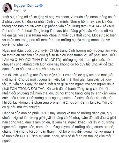 Đan Lê không đồng tình với cách trò chuyện của những người trong clip phỏng vấn Phạm Anh Khoa.