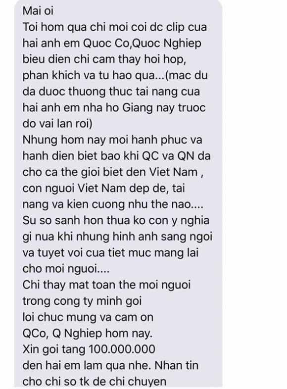Một doanh nghiệp hâm mộ tài năng của Quốc Cơ và Quốc Nghiệp đã dành tặng hai anh em "Hoàng tử xiếc" 100 triệu đồng.