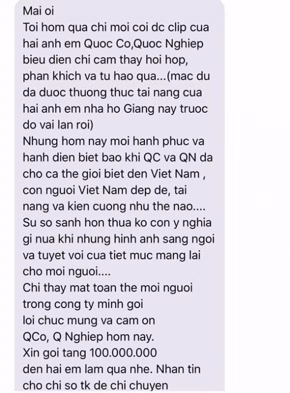 Một doanh nghiệp hâm mộ tài năng của Quốc Cơ và Quốc Nghiệp đã dành tặng hai anh em "Hoàng tử xiếc" 100 triệu đồng.