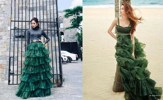 Quả là một bộ váy, hai số phận khi Hoàng Thuỳ trông kém sang và hơi lạc quẻ, thì “nữ hoàng giải trí” lại xinh đẹp như nàng tiên cá.