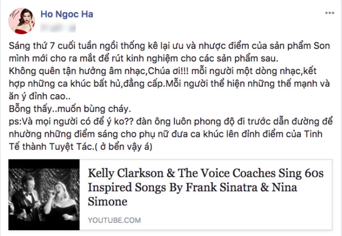 Dòng trạng thái mới Hà Hồ đăng tải trên trang cá nhân.