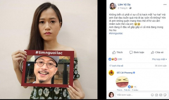 Lâm Vỹ Dạ tìm chồng: "Không biết có phải vì sự cố bị hack mất "vợ hai" mà anh Đạt đau buồn quá đi lạc luôn rồi không? Khi đi anh không quên mang theo thẻ ATM và cầm nhầm luôn thẻ của em. Anh đang ở đâu về gấp vì cả nhà đang mong".