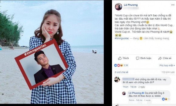 Lê Phương "lạc" mất chồng vì World Cup: "World Cup còn chưa tới mà ta? Sao chồng yêu đã lạc đâu mất tiêu rồi? Ai thấy bạn Kiên ở đâu thì báo ngay cho Phương với! Các anh chồng hãy chuẩn bị tâm lý đón World Cup, thà bán thân chứ đừng bán thận nha! World Cup ơi... Trả Kiên lại cho Phương đi nào!".