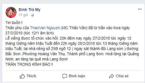 Chia sẻ của nghệ sĩ Trà My.