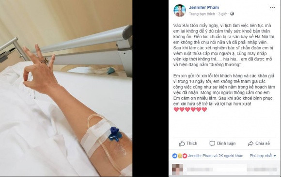 Trên trang fanpage của mình, Jennifer Phạm đã chia sẻ về việc bị viêm ruột thừa cấp. Cô phải nhập viện để mổ nên phải hủy show trong 10 ngày.