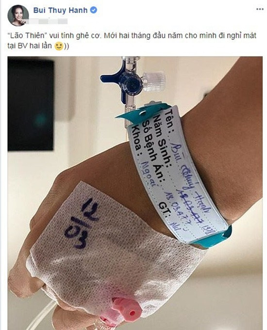 Thúy Hạnh chia sẻ hình ảnh phải nhập viện khoa ngoại trên trang cá nhân.