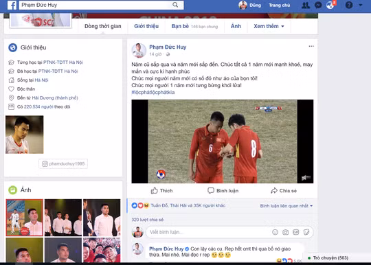 Ở đội tuyển U23 Việt Nam, tiền vệ Phạm Đức Huy nổi tiếng là người hài hước. Dòng chia sẻ của Đức Huy đạt hơn 100.000 lượt like, share có nội dung: "Năm cũ sắp qua và năm mới sắp đến. Chúc tất cả 1 năm mới mạnh khoẻ, may mắn và cực kì hạnh phúc. Chúc mọi người năm mới có số đỏ như áo của bọn tôi! Chúc mọi người 1 năm mới tưng bừng khói lửa!". Ý của Đức Huy là hai số áo của anh và Xuân Trường là 6 và 8, tức Lộc Phát.