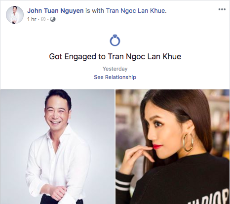 Bạn trai doanh nhân của Lan Khuê đã đổi trạng thái Facebook sang đã đính hôn.