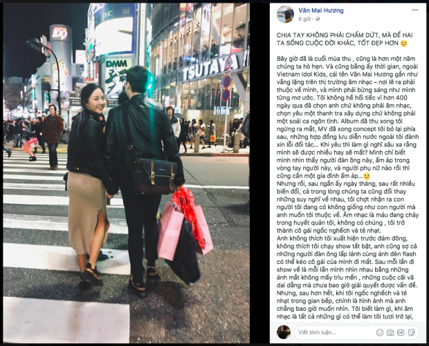 Văn Mai Hương từng chia sẻ tâm thư khá dài sau khi kết thúc chuyện tình với thanh tra xây dựng 24 tuổi.