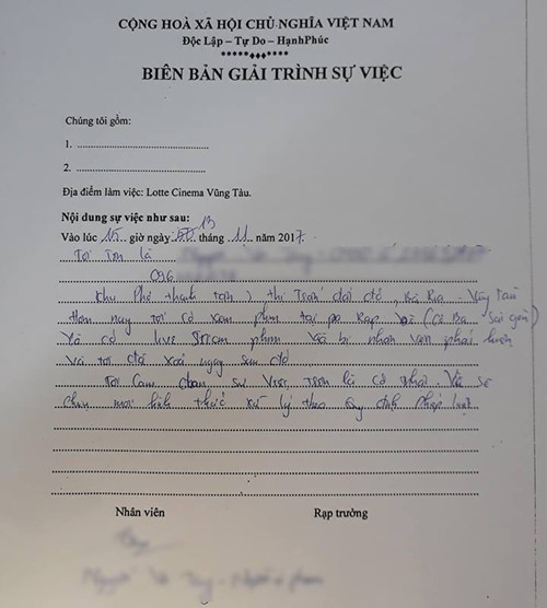 Biên bản giải trình sự việc quay lén phim của nam thanh niên tại cụm rạp Vũng Tàu. Ảnh: Dân Việt