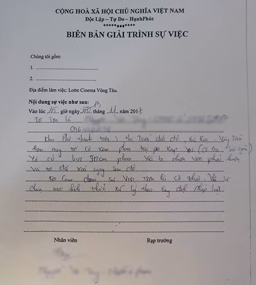 Biên bản giải trình sự việc quay lén phim của nam thanh niên tại cụm rạp Vũng Tàu. Ảnh: Dân Việt